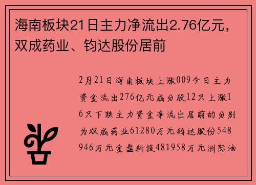 海南板块21日主力净流出2.76亿元，双成药业、钧达股份居前