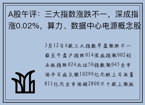 A股午评：三大指数涨跌不一，深成指涨0.02%，算力、数据中心电源概念股走强