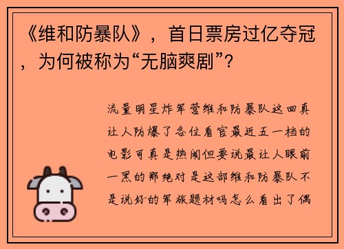 《维和防暴队》，首日票房过亿夺冠，为何被称为“无脑爽剧”？