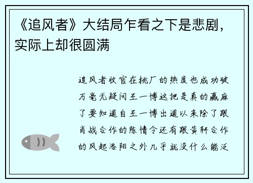 《追风者》大结局乍看之下是悲剧，实际上却很圆满