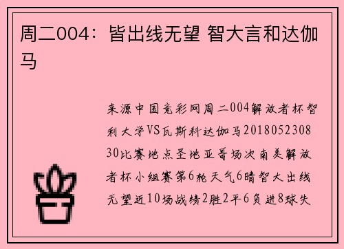 周二004：皆出线无望 智大言和达伽马