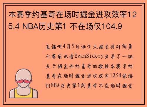 本赛季约基奇在场时掘金进攻效率125.4 NBA历史第1 不在场仅104.9