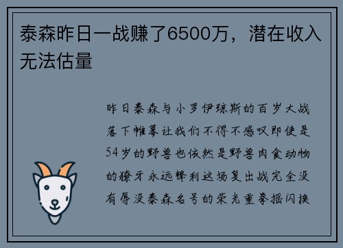 泰森昨日一战赚了6500万，潜在收入无法估量
