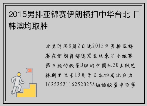 2015男排亚锦赛伊朗横扫中华台北 日韩澳均取胜