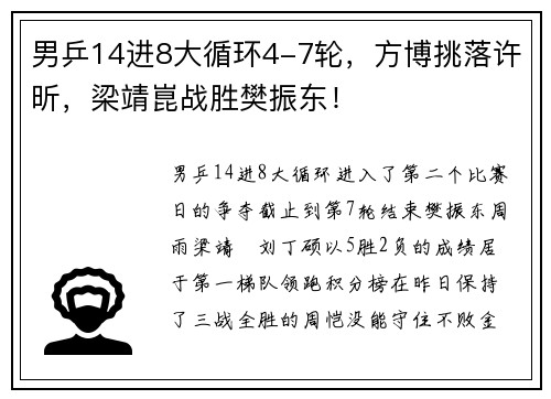 男乒14进8大循环4-7轮，方博挑落许昕，梁靖崑战胜樊振东！